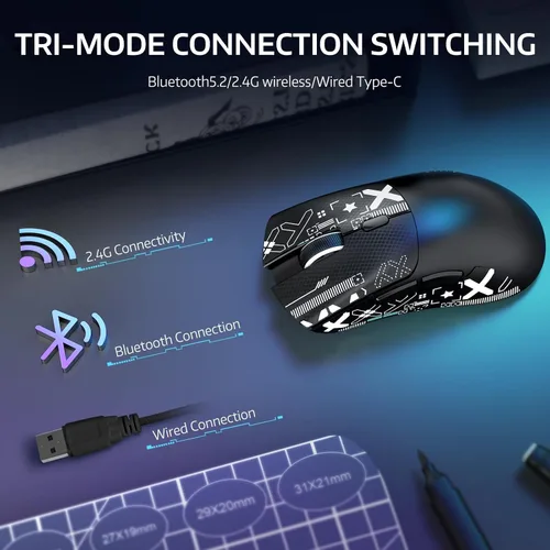 Vista 3 de ATTACK SHARK R1 Ratón inalámbrico para juegos, conexión tri-modo (2.4G/cable/BT5.2), 55g ligero, sensor óptico de 18K DPI, vida útil de teclas HUYU