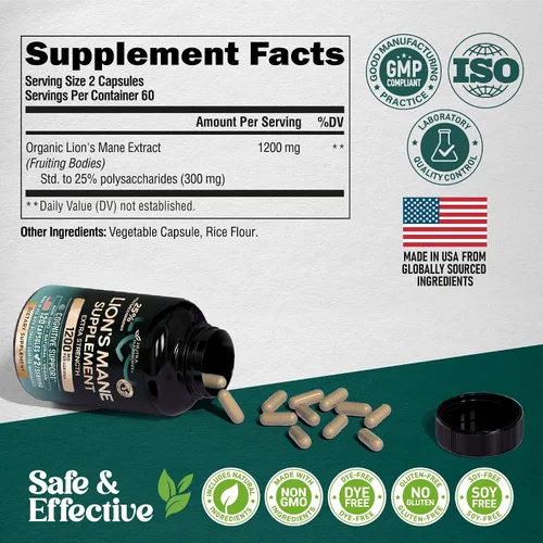 Vista 11 de Cápsulas de suplemento de melena de león - Melena de león orgánica - Fabricado en EE.UU. - Extracto de cuerpos fructíferos - 1200 mg, 25%