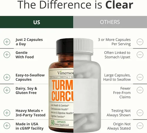 Vista 5 de Suplemento de curcumina de cúrcuma con extracto de pimienta negra, cúrcuma orgánica de alta potencia, 1200 mg y 95% curcuminoides para la salud