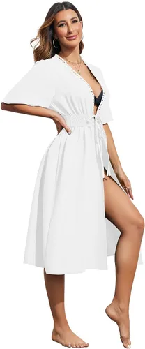 Vista 4 de Ekouaer Pareos para traje de baño para mujer, sexy, frente abierto, bikini, kimono, cárdigan, salida de baño, ropa de playa larga y fluida