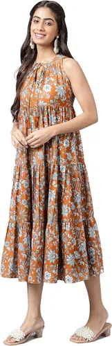Vista 4 de Janasya Vestido escalonado con estampado floral digital de musgo marrón para mujer