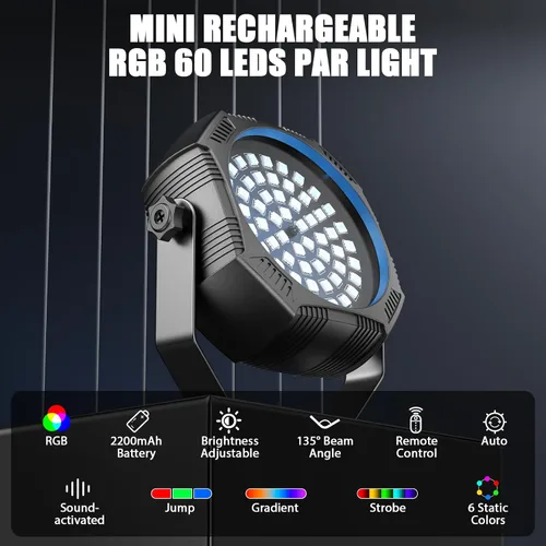Vista 2 de Luces de escenario alimentadas por batería, luces estroboscópicas recargables con alimentación USB, control automático activado por sonido, 30W RGB