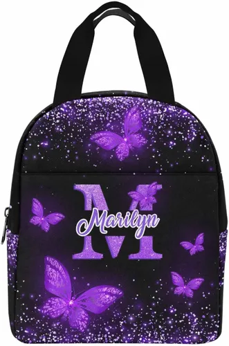 Vista 23 de InterestPrint Bolsa de almuerzo con nombre personalizado para hombres y mujeres, diseño de mariposa rosa y azul personalizada, caja de almuerzo