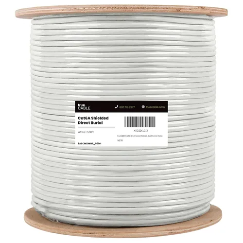 Vista 2 de TRUE CABLE Cable Ethernet Cat6A a granel de entierro directo, F/UTP, blindado F/UTP, 500 pies, blanco, impermeable, chaqueta OSP para exteriores
