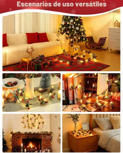 Vista 5 de [Usado] Guirnalda de Navidad con luces, cadena de piñas de 7 pies con bayas rojas, agujas, 20 luces LED C6 de Navidad, funciona con pilas, guirnalda