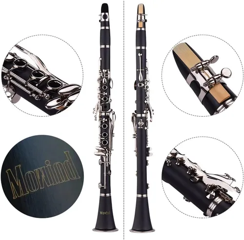 Vista 4 de Clarinete plano Bb para principiantes, clarinete para estudiantes de 17 teclas con 2 barriles y estuche kit completo de inicio para adultos, banda