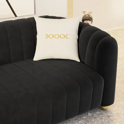 Vista 9 de Moderno juego de sofá de terciopelo negro de 3 piezas para sala de estar, juego de sofá curvado acolchado con patas de esfera de metal dorado