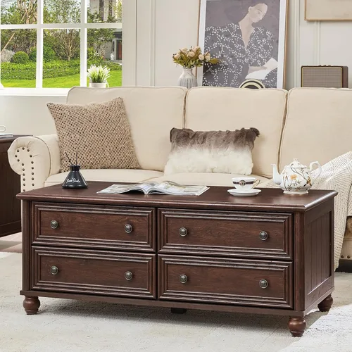 Vista 12 de RWYHG - Mesa de centro de granja de 48" con almacenamiento oculto, mesas de café de madera con 4 cajones y mango de columna romana, mesa rústica
