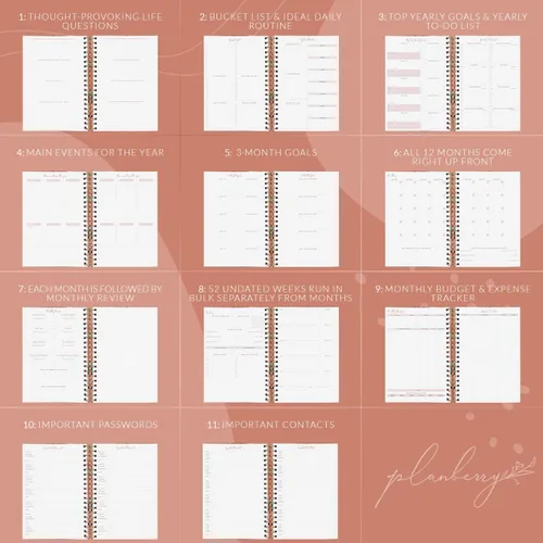 Vista 6 de PLANBERRY Agenda semanal grande prémium – Planificador de vida y presupuesto sin fecha – Organizador y diario de productividad, 8 x 10.4 pulgadas