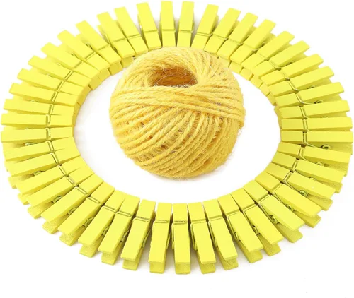 Vista 7 de HSTECH 100 piezas de mini pinzas de madera natural verde y 25 m de cuerda de yute, pinzas para ropa de bebé, pinzas de 3.5 cm para manualidades