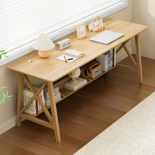 Vista 14 de NELYE Escritorio Extra Largo con Estantería - Mesa de Trabajo de Estudio de Oficina en Casa de Madera, Estación de Trabajo de Computadora de Roble