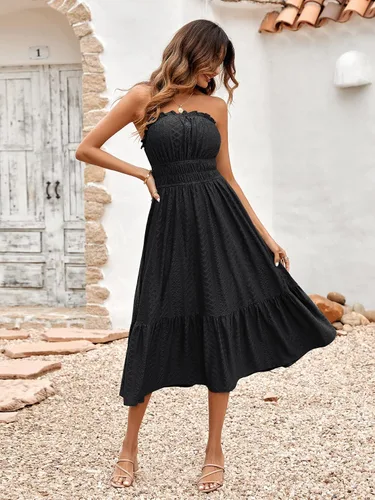 Vista 8 de Dokuritu Vestido de verano para mujer, sin tirantes, sin tirantes, para fiesta en la playa, vestido de tubo, vestido por debajo de la rodilla
