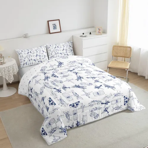 Vista 2 de Feelyou Juego de ropa de cama con estampado de aviones para niños y niñas, juego de funda de edredón de microfibra estilo boceto azul y blanco