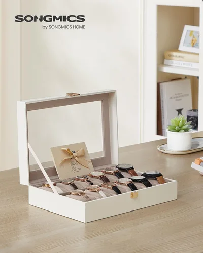 Vista 2 de SONGMICS Caja de reloj, caja de reloj de 12 ranuras con tapa de vidrio grande, almohadas extraíbles para reloj, organizador de caja de reloj, regalo