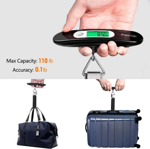 Vista 8 de FREETOO Báscula de equipaje portátil digital colgante para viajes, báscula de peso de maleta con laca de piano superior, capacidad de 110 libras