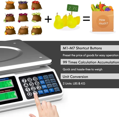 Vista 4 de S AFSTAR Báscula de computación electrónica de precios, báscula de pesaje de frutas y verduras de alimentos, 66 libras, batería recargable