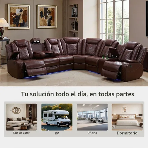 Vista 6 de Juego de sofá modular reclinable eléctrico con luz LED, sofás seccionales de cuero, juegos de muebles de sala de estar, modernos juegos de sofá
