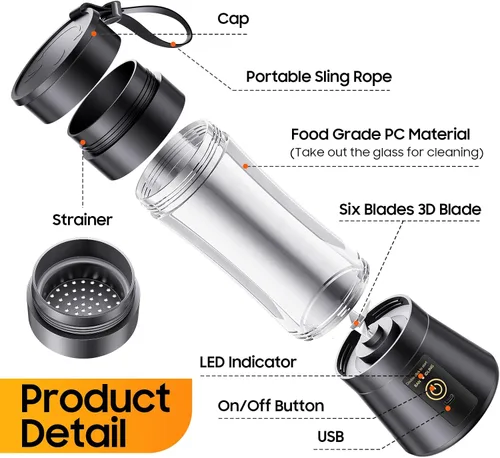 Vista 9 de Licuadora portátil inalámbrica de tamaño personal – Licuadora sin BAP para hacer batidos y batidos, taza de jugo de 12 onzas con 6 cuchillas, se