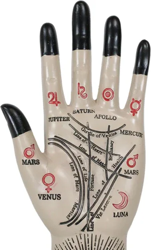 Vista 7 de Ebros Gift Antigua adivinista psíquica mística quirología quirología palmistry mano palma con líneas y símbolos Ojo de la Providencia Figurilla