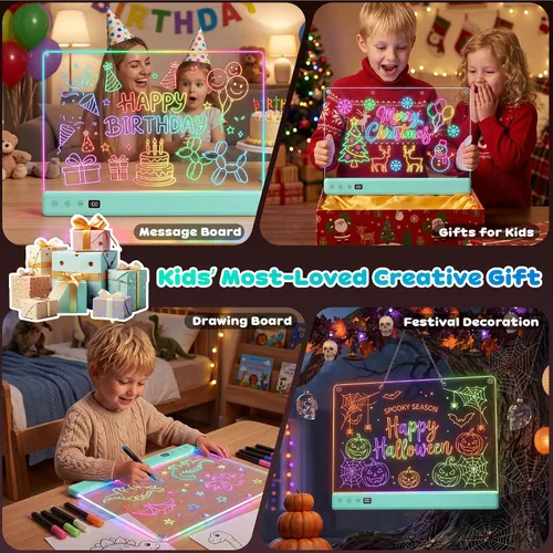 Vista 3 de Comzler Tablero de dibujo LED recargable de 16" para niños con 16 efectos Azul