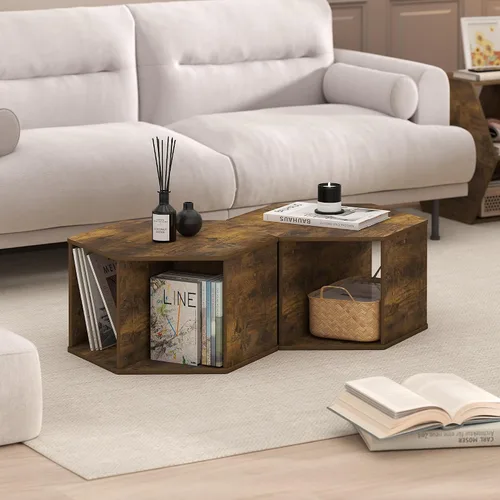 Vista 6 de Furinno - Mesa de café de diseño simple, mesa de café moderna hexagonal con estante abierto, mesa auxiliar vertical u horizontal, para sala de Pino