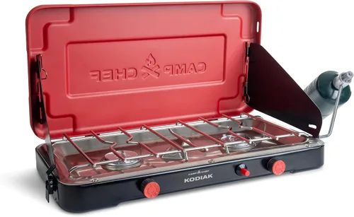 Vista 2 de Camp Chef Mountain Series Kodiak - Estufa de campamento de dos quemadores de alta potencia - La tapa funciona como cortavientos - Estufa de cocina