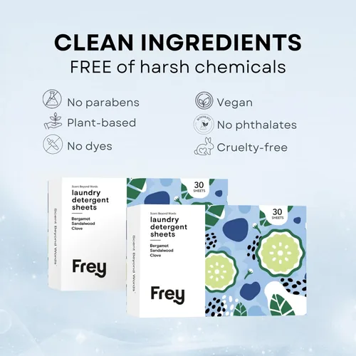 Vista 5 de FREY Hojas de detergente para ropa derivadas de plantas, 60 unidades (paquete de 2) - Tiras de detergente ecológicas sin líquido, láminas ecológicas