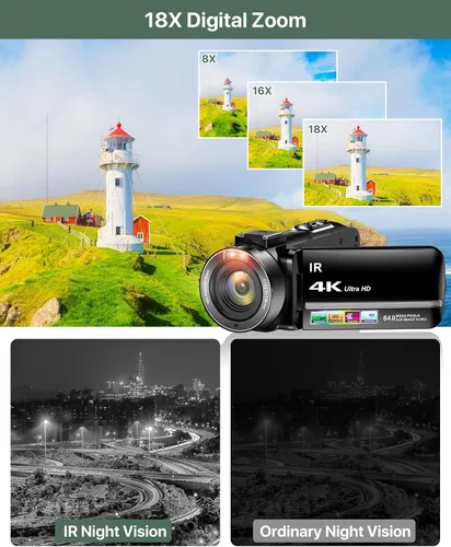 Vista 10 de Videocámara 4K 64MP para vlogging, cámara para YouTube, pantalla táctil de 3.0", zoom digital de 18 aumentos, visión nocturna IR con micrófono