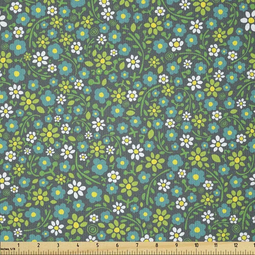 Vista 27 de Ambesonne Tela para Amantes de los Perros por Yarda, Perro Salchicha de Dibujos Animados Dachshund Cachorro con Pijamas a Rayas Flores y Mariposas