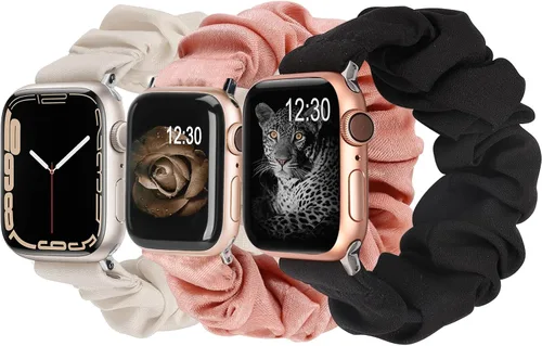 Vista 28 de TOYOUTHS - 3 paquetes compatibles con Apple Watch Band Scrunchies 1.496 in (38 mm) tela suave patrón impreso pulsera de tela para mujer iWatch
