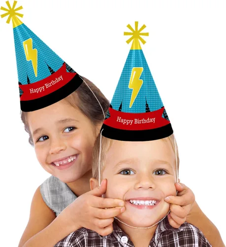 Vista 2 de Big Dot of Happiness Bam Superhero - Sombreros de fiesta de cumpleaños para niños y adultos - Juego de 8 (tamaño estándar)