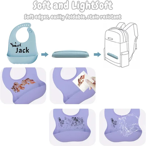 Vista 5 de FCQIANKM Juego de baberos de silicona personalizados para bebés, cuchara y tenedor con icono de nombre, baberos personalizados para niños pequeños
