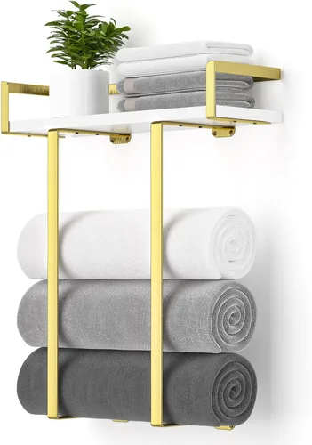 Vista 8 de Xstydes Toalleros para baño, toallero de metal con cesta de almacenamiento, toallero de pared para toallas enrolladas, almacenamiento de toallas