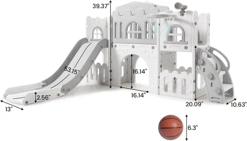 Vista 2 de Juego de actividades para niños pequeños 8 en 1, incluye tobogán, escalador, aro de baloncesto, túnel, telescopio, volante y almacenamiento,