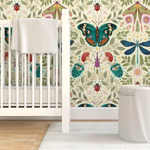 Vista 6 de Muestra de papel tapiz extraíble – insecto damasco insecto botánico grande Jumbo polilla mariposa bosque hongo beige verde azul papel pintado