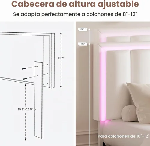 Vista 6 de Base de cama tamaño Queen con 4 cajones de almacenamiento, base de cama tapizada Queen con cabecero, luces LED RGB, base de metal resistente y Blanco