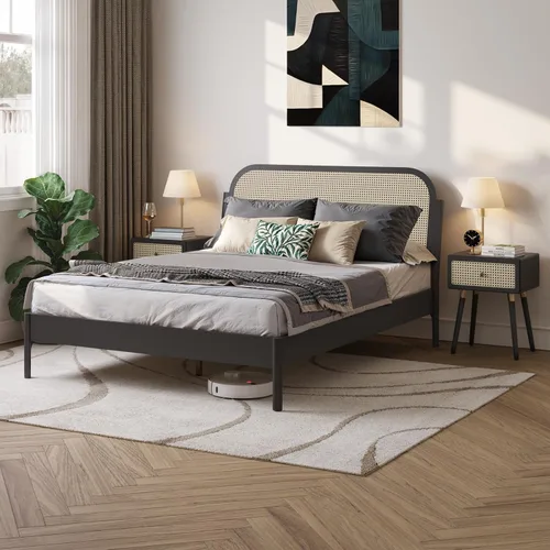 Vista 7 de Bme Aurelia - Marco de cama con cabecero tamaño Queen, madera de acacia sólida, estilo bohemio y moderno de mediados de siglo, cabecero de ratán