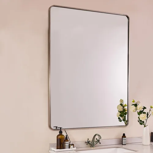 Vista 17 de Espejo de latón para baño, espejo rectangular redondeado de 22x30 pulgadas con marco de metal cepillado dorado, espejo de tocador de baño sin