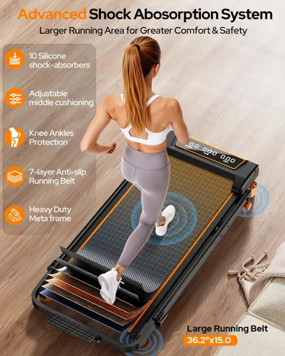 Vista 4 de Walking Pad Treadmill with 15% Incline & Dual LED Display, 4 in 1 Walking Pad with Handle Bar, 3.5HP Foldable Under Desk Treadmill, Portable