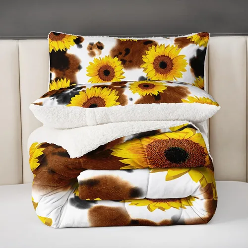 Vista 3 de Axolotl Juego de edredón sherpa de girasoles amarillos, estampado de vaca marrón, suave y acogedor, ropa de cama de parche reversible floral