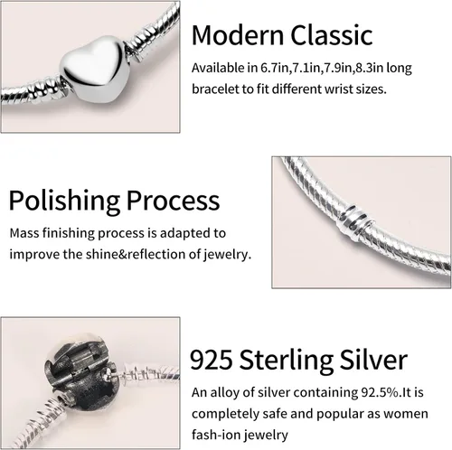 Vista 3 de WAKCTFERG Pulsera de plata de ley 925 con dije para mujer, pulsera de cadena de serpiente con cierre de corazón, para cualquier regalo para mujeres