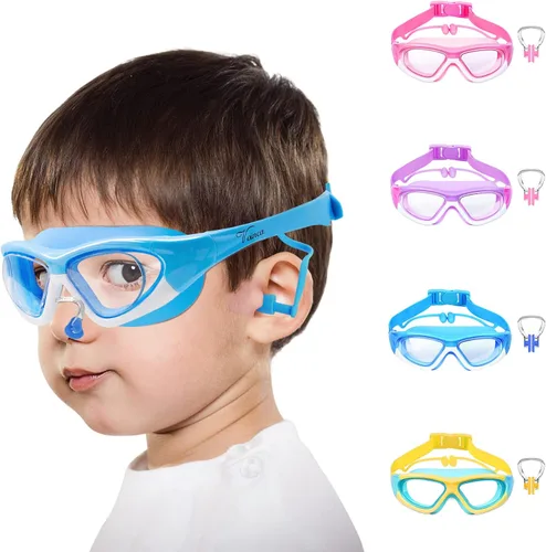 Vista 13 de Vvinca Gafas de natación para niños de 3 a 12 años, diseño mejorado 2024 con tapón para la oreja y la nariz, visión amplia, antivaho sin fugas