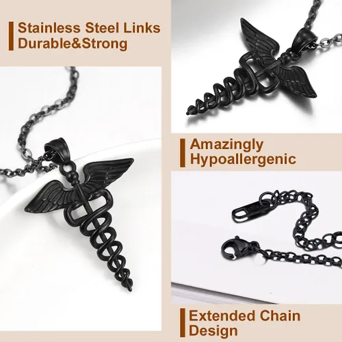 Vista 3 de Bandmax Medical Alert Necklace for Men Women Stainess Steel Caduceus Pendant Necklace for Doctor Nurse Doctor Nurse Medical Jewelry MD Necklace Gift