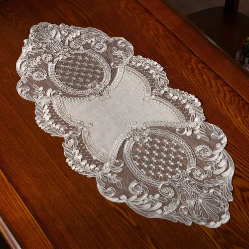 Vista 3 de ARTABLE Camino de mesa de encaje rectangular de tela de lino de algodón gris, bufanda de tocador con exquisito bordado de macramé, caminos de mesa