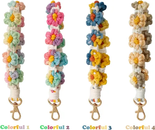 Vista 6 de Bonito llavero de macramé bohemio hecho a mano, pulsera de pulsera con cordón de muñeca floral para mujer