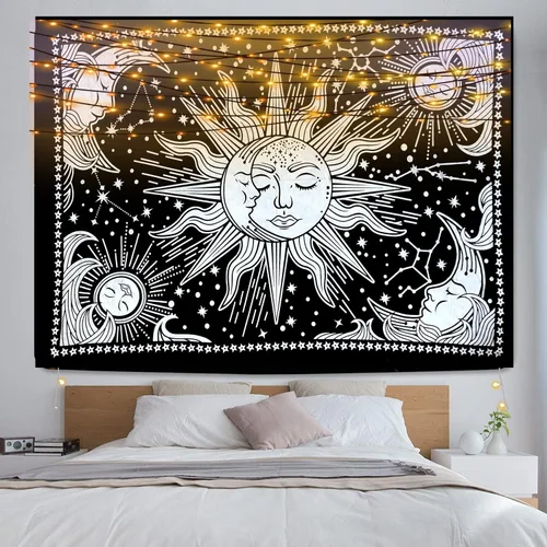 Vista 2 de ICC - Tapiz de sol y luna, tapiz de sol blanco y negro, sábana para colgar en la pared, decoración de habitación, tapices estéticos de arte místico