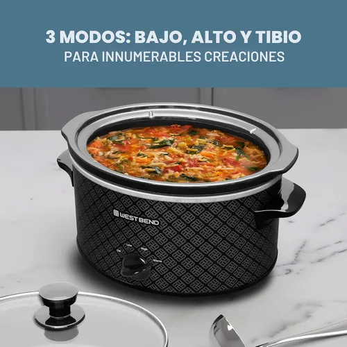 Vista 4 de Olla de cocción lenta West Bend de 4 cuartos manual estilo cerámica con olla de cerámica ovalada apta para lavavajillas y tapa de vidrio, dos Negro