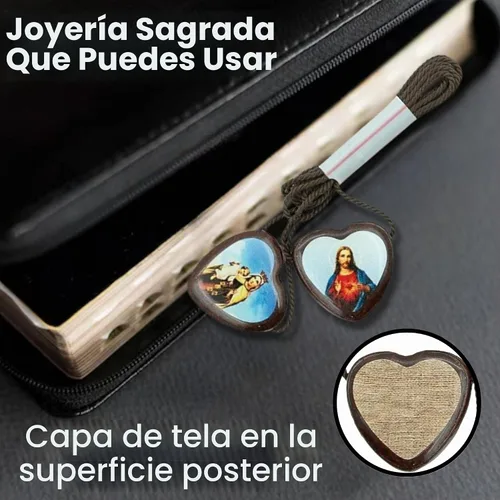 Vista 6 de Catholica Shop Escapularios de madera con cordón marrón con medallas Sagrado Corazón de Jesús y Nuestra Señora del Monte Carmelo. Escapularios