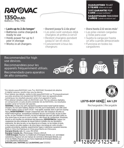 Vista 6 de RAYOVAC Baterías AA recargables (paquete de 8), baterías recargables NiMH Double A