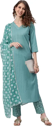 Vista 3 de Janasya Kurta de algodón azul para mujer con pantalón y estampado Dupatta